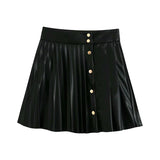 Faux Leather Mini Pleated Button Detail Skirt Black