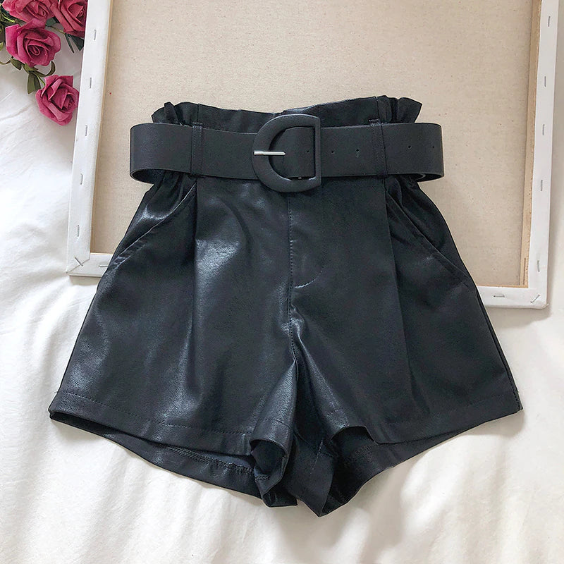 Faux Leather High Waist Belted Solid Shorts