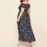 Plus Size Off Shoulder Floral Print Side Slit Maxi Dress Navy Blue