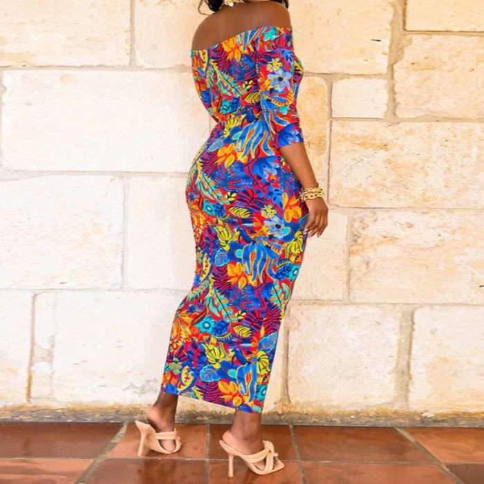 Plus Size Off Shoulder Colorful Print Short Sleeve Maxi Dress Multi