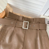 Faux Leather High Waist Belted Shorts Brown