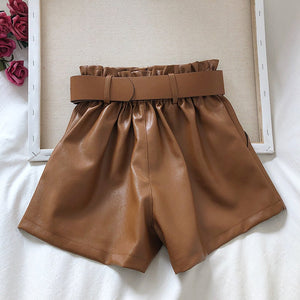 Faux Leather High Waist Belted Solid Shorts