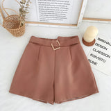 Elastic High Waist Belted Shorts Rust