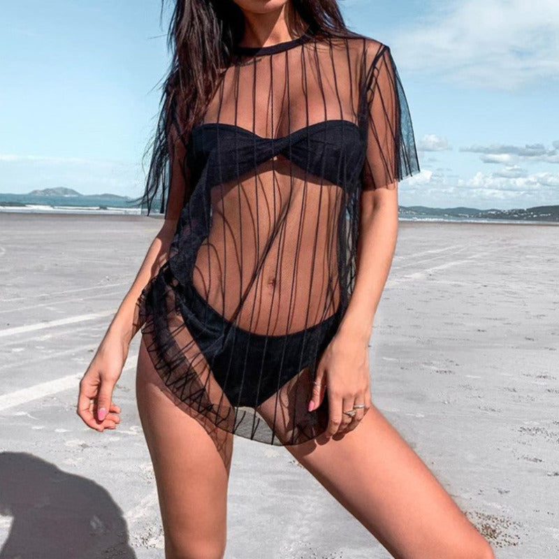 Mesh Short Sleeve Striped Beach Cover Up Dress