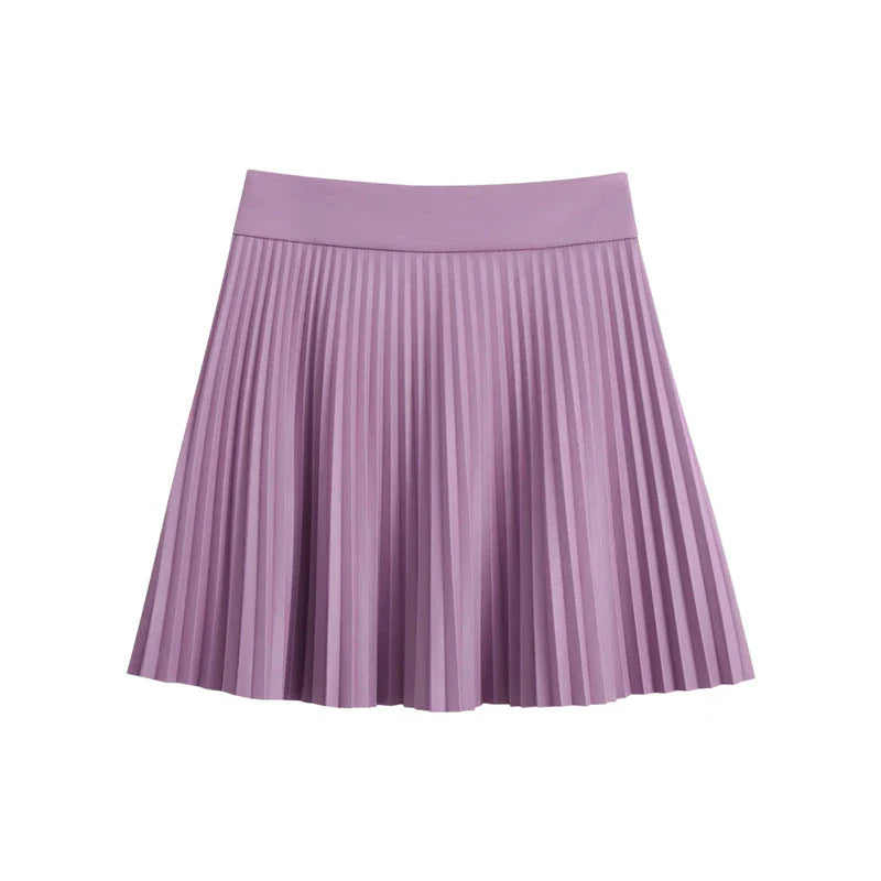 Faux Leather Mini Pleated Button Detail Skirt