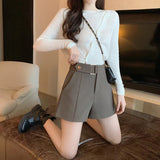 High Waist Belt Accent Shorts Gray