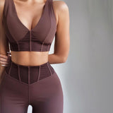 2-Piece V-Neck Crop Top and High Waist Leggings Matching Set Brown