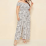 Plus Size Off Shoulder Floral Print Side Slit Maxi Dress White