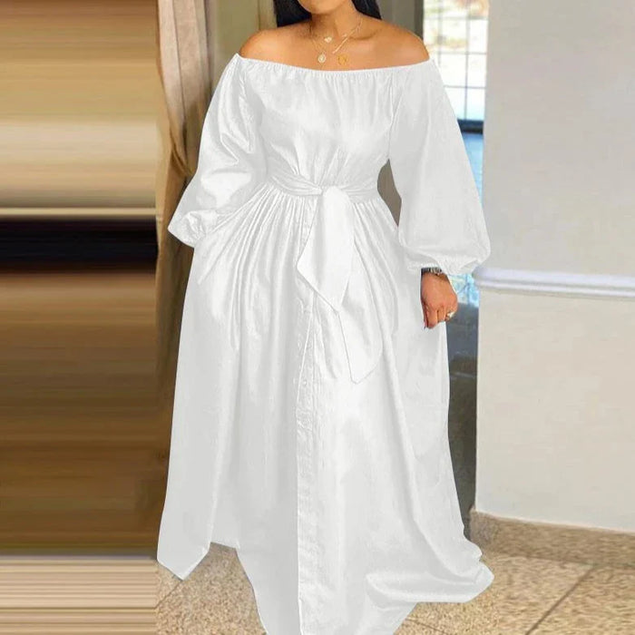 Plus Size Off Shoulder Lantern Sleeve Maxi Dress White