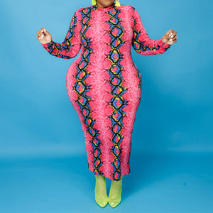 Plus Size Mock Neck Long Sleeve Multi Printed Maxi Dress Pink