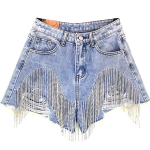 Tassel Rhinestone Fringed Denim Shorts Blue