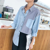 Patchwork Striped Denim Button Up Blouse Top Light Blue