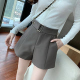 High Waist Belt Accent Shorts Gray