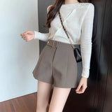 High Waist Belt Accent Shorts Gray