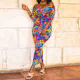Plus Size Off Shoulder Colorful Print Short Sleeve Maxi Dress Multi
