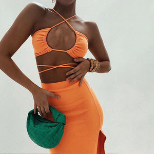 Strappy Halter Top and Skirt Matching Set Orange