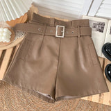 Faux Leather High Waist Belted Shorts Brown