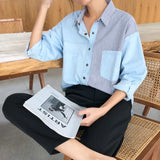 Patchwork Striped Denim Button Up Blouse Top Light Blue