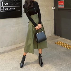 Solid High Waist Bow Maxi Skirt Green