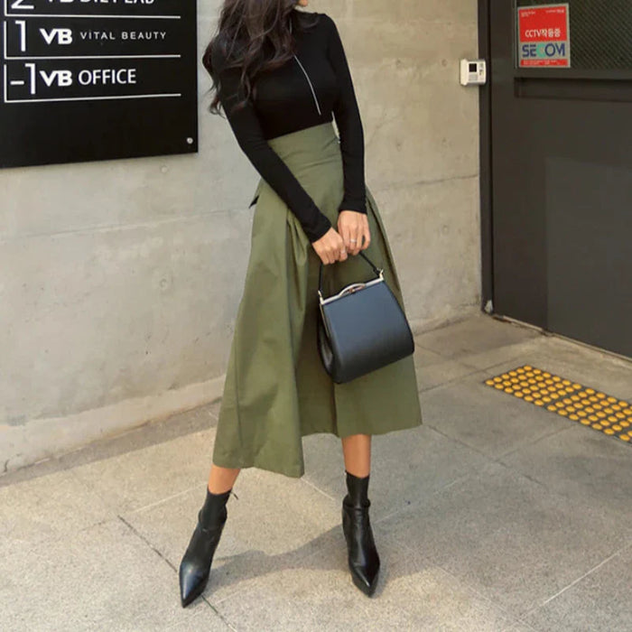 Solid High Waist Bow Maxi Skirt Green