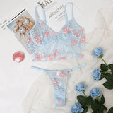 2-Piece Floral Embroidery Lingerie Set Light Blue