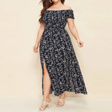 Plus Size Off Shoulder Floral Print Side Slit Maxi Dress Navy Blue