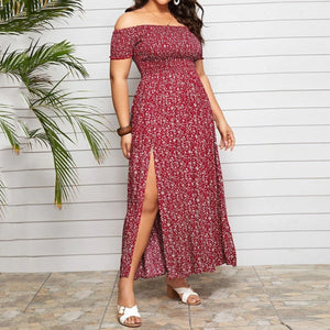 Plus Size Off Shoulder Floral Print Side Slit Maxi Dress Red