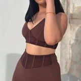 2-Piece V-Neck Crop Top and High Waist Leggings Matching Set Brown