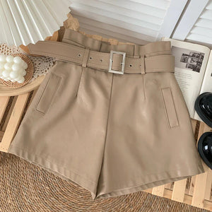 Faux Leather High Waist Belted Shorts