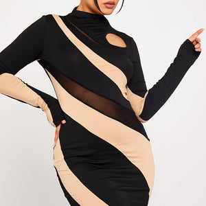 High Neck Mesh Panel Detail Mini Dress Black