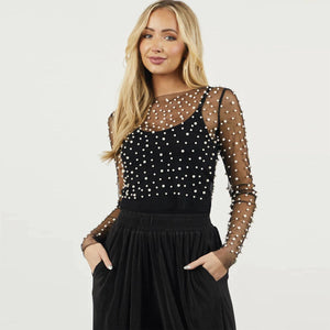Pearl Embellished Mesh Crop Top