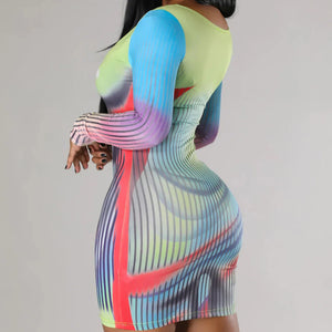 Thermal Print Long Sleeve Bodycon Mini Dress