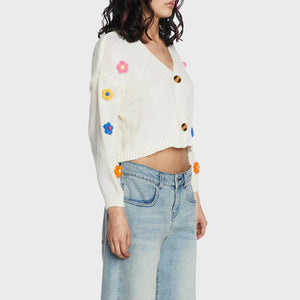 Knit Cochet Floral Cropped Cardigan