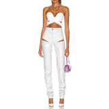 Lace-trim Cross Bandage Top Faux Leather Cut-Out Trousers White