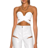 Lace-trim Cross Bandage Top Faux Leather Cut-Out Trousers White