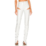 Lace-trim Cross Bandage Top Faux Leather Cut-Out Trousers White