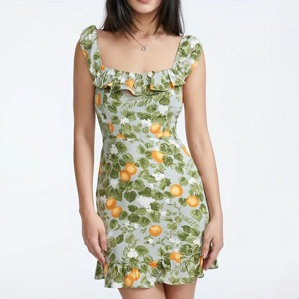 Leaf Fruit Print Ruffle Mini Dress