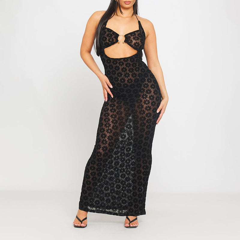 Mesh Embossed Halter Cut Out Detail Maxi Dress