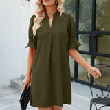 Notched Neck Flounce Sleeve Mini Dress Green