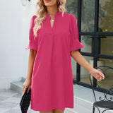 Notched Neck Flounce Sleeve Mini Dress Hot Pink