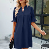 Notched Neck Flounce Sleeve Mini Dress Navy Blue