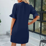 Notched Neck Flounce Sleeve Mini Dress Navy Blue