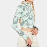 Printed Mock Neck Crop Top Mint Dragon