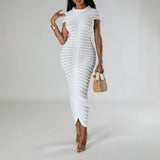 Pleated Knit Bodycon Midi Dress White