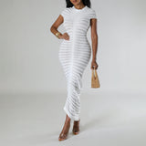 Pleated Knit Bodycon Midi Dress White