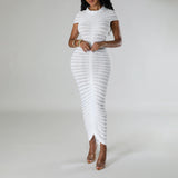 Pleated Knit Bodycon Midi Dress White