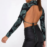 Printed Mock Neck Crop Top Black Dragon