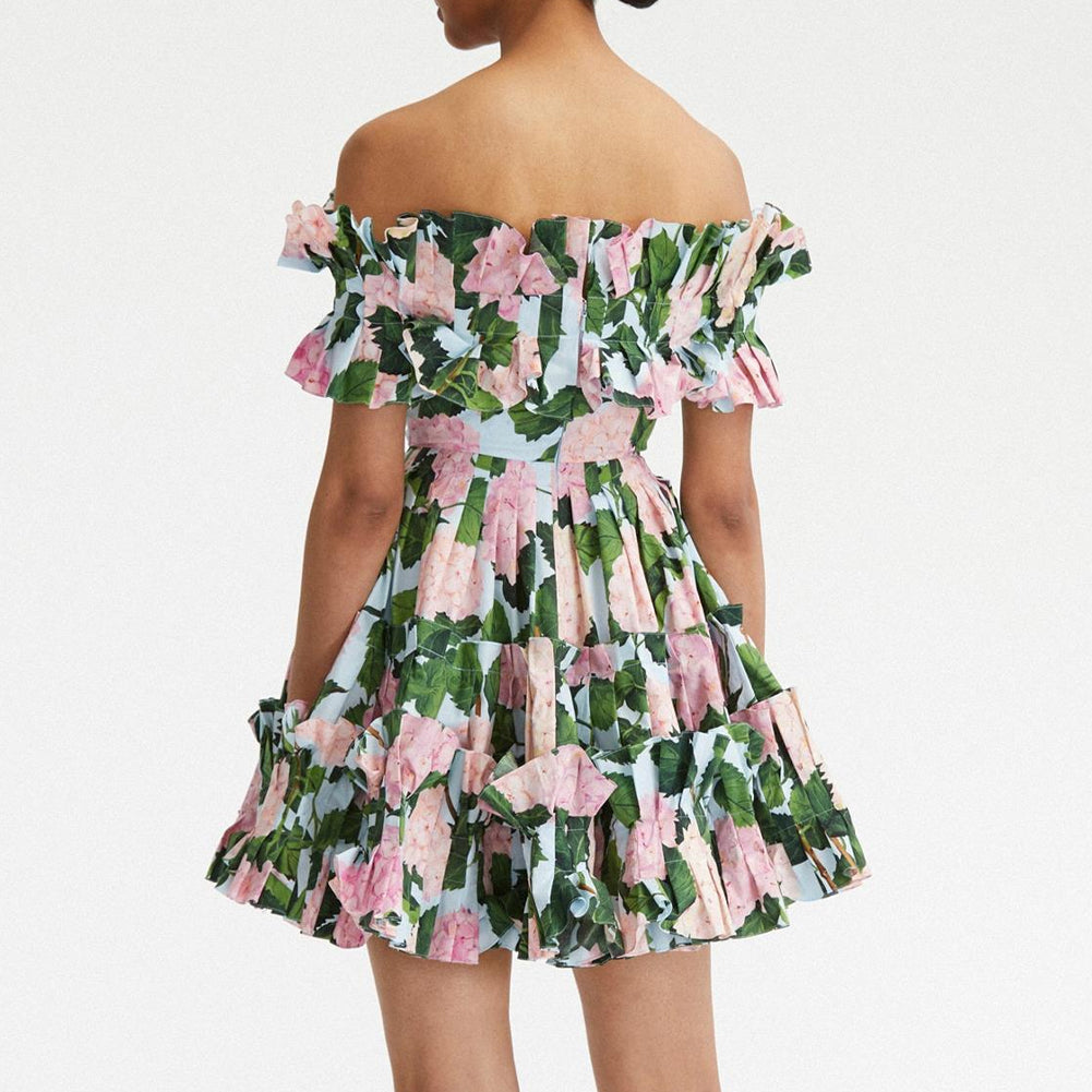 Ruffle Detail Hydrangea Off Shoulder Mini Dress