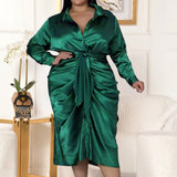 Plus Size Long Sleeve Satin Blouse Ruched Midi Dress Green