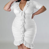 Plus Size Draped V-Neck Ruffle Midi Dress White